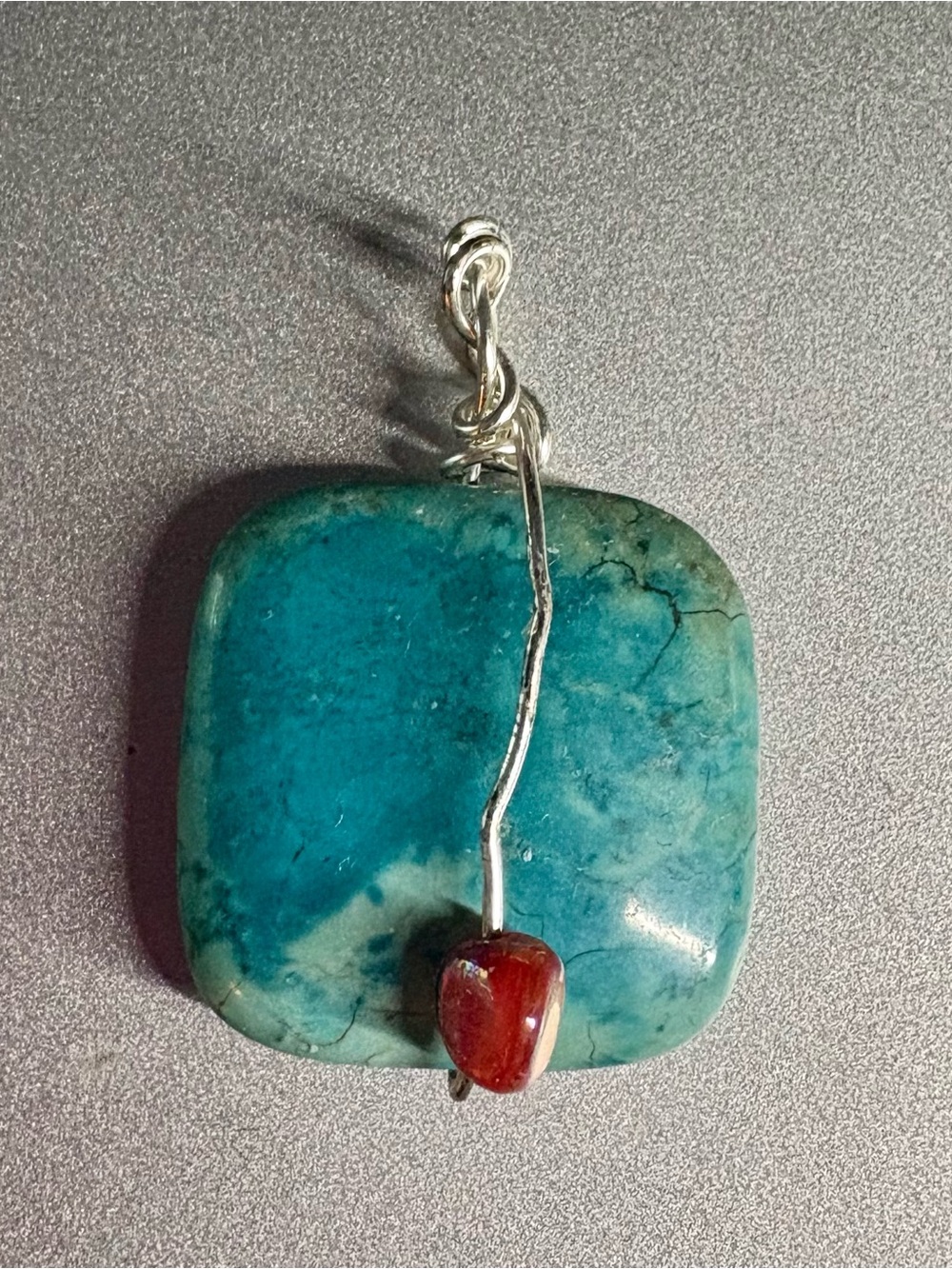 Handmade Turquoise Blue Stone Pendant with Red Accent w silver toned hardware